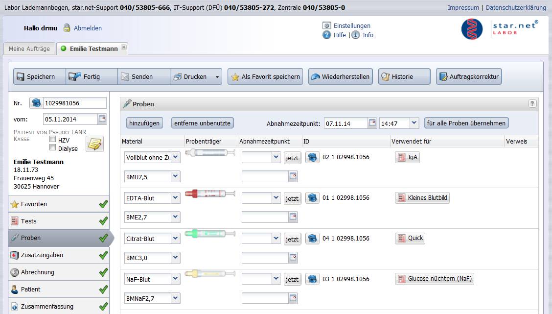 Darstellung der benötigten Materialien und der Probenträger in star.net Labor