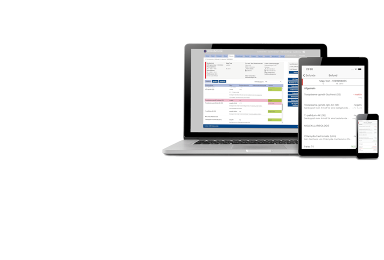 Laborbefund auf Smartphone, Tablet und Laptopbildschirm