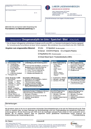 Anforderungsformular Drogenanalytik im Urin / Speichel / Blut 