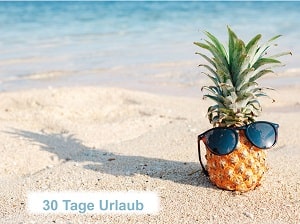 Ananas mit Sonnenbrille am Strand vor Wasserkante